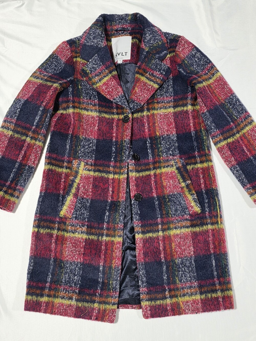 NVLT Women's Medium Plaid Wool Blend Coat Red Navy Long Button Front
